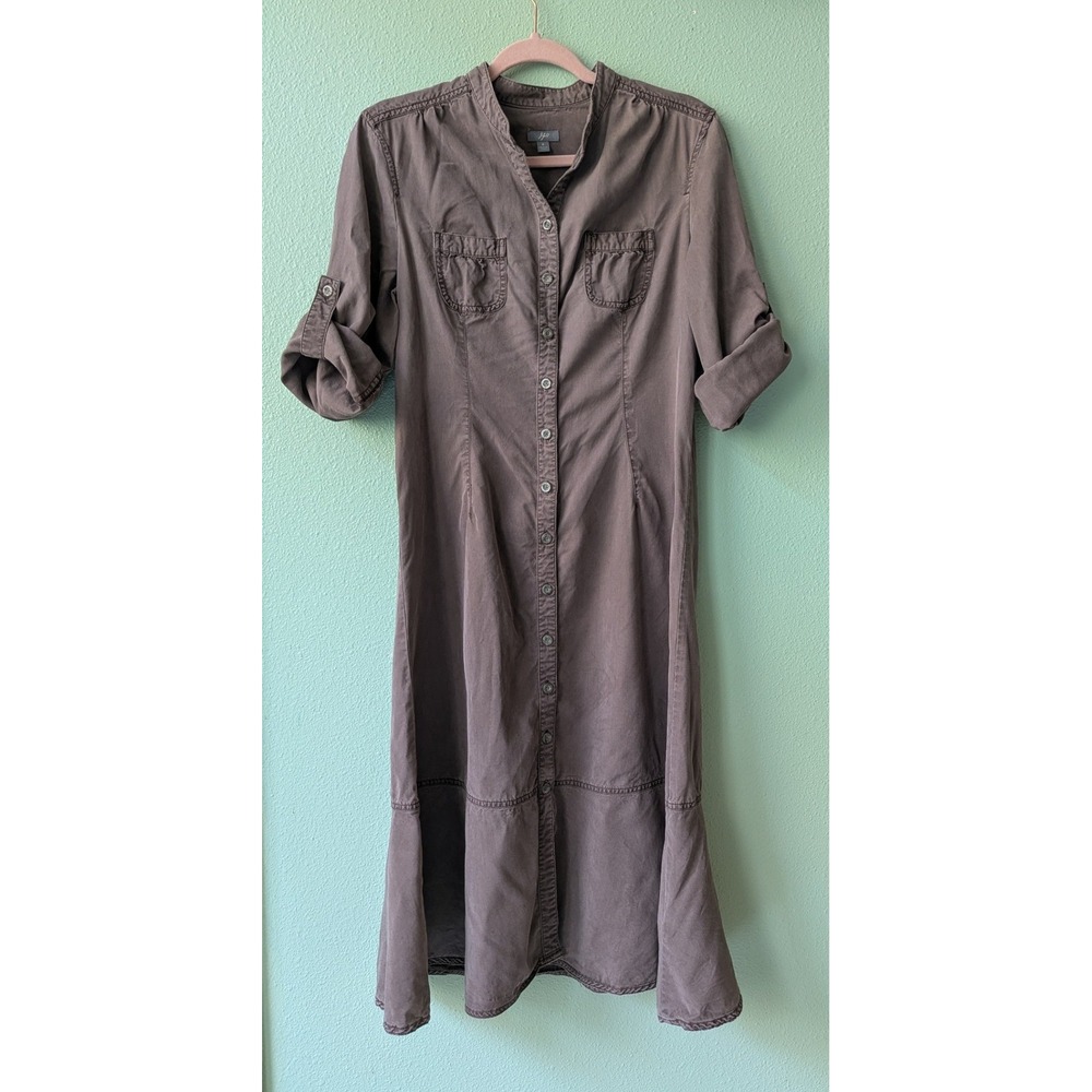 J. Jill Brown Button Front Roll Sleeve Midi Dress Minimalist Lagenlook Utility